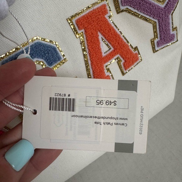 Mud Pie Canvas Patch Tote Bag Vacay White Rope Handles Beach Vacation NEW - Picture 4 of 8